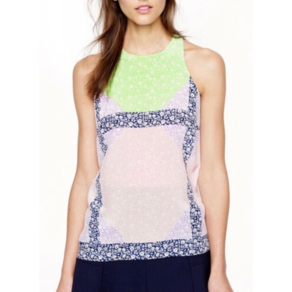 J Crew Floral Colorblock Windowpane Silk Tank